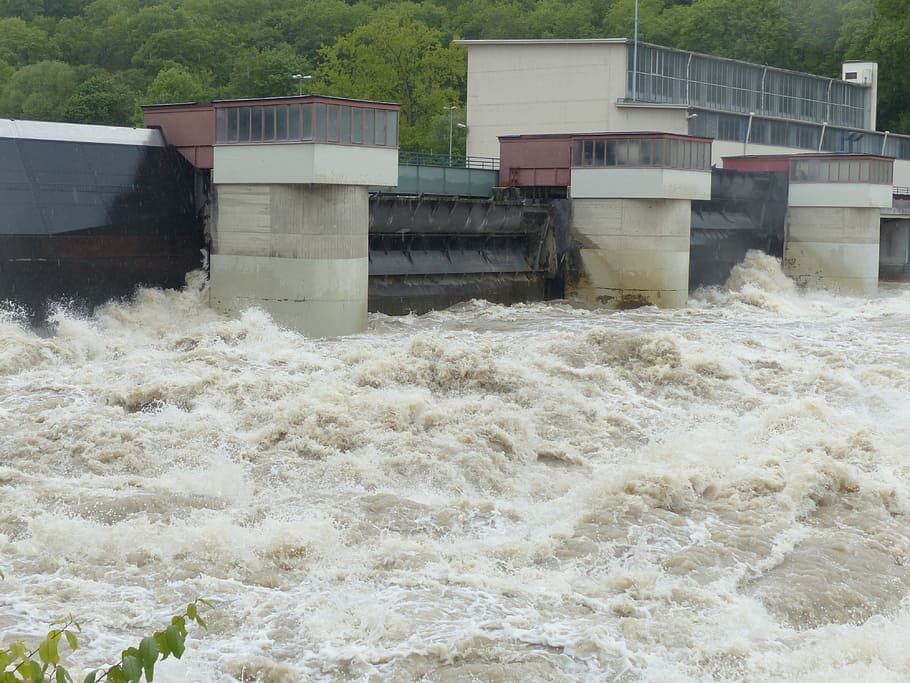 raging body of water, lock, weir, high water, dam, barrage, power plant, HD wallpaper