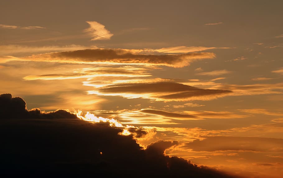 sunset, abendstimmung, evening sky, setting sun, clouds, dark clouds HD wallpaper
