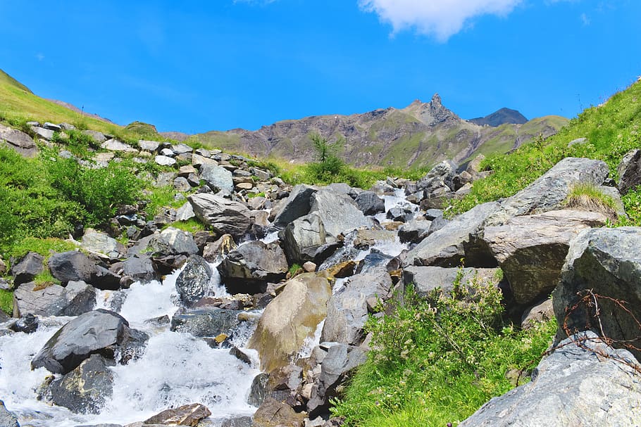 river, stream, mountain, alps, stones, landscape, grass, green HD wallpaper