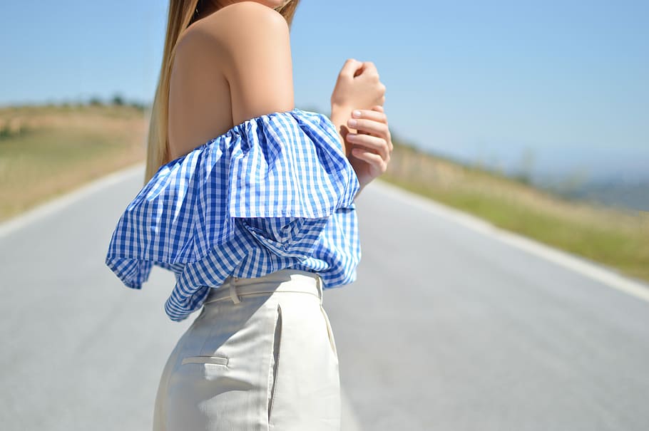 blue and white checkered off the shoulder top