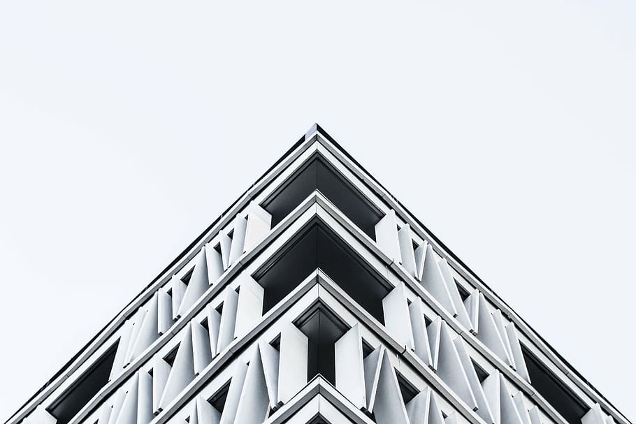 low-angle photography of white high rise building, black, art