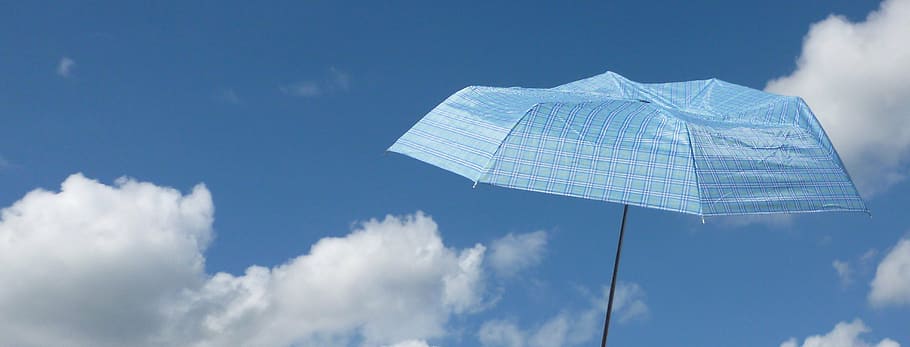 blue umbrella with sky background, summer, clouds, holiday HD wallpaper