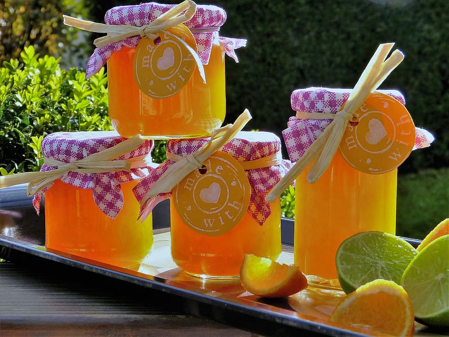 four clear glass jars on top of tray, Jam, Orange, Lime, Lemon HD wallpaper