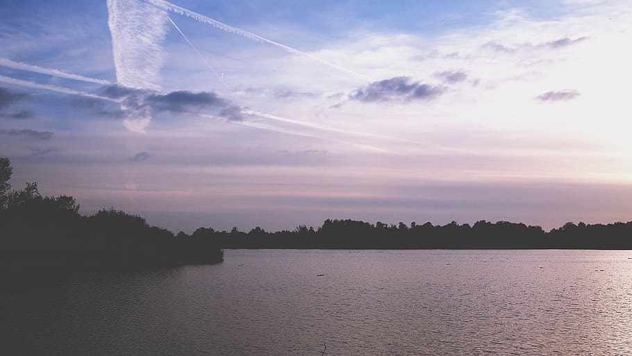 sunset, dusk, silhouette, shadows, lake, water, trees, sky HD wallpaper