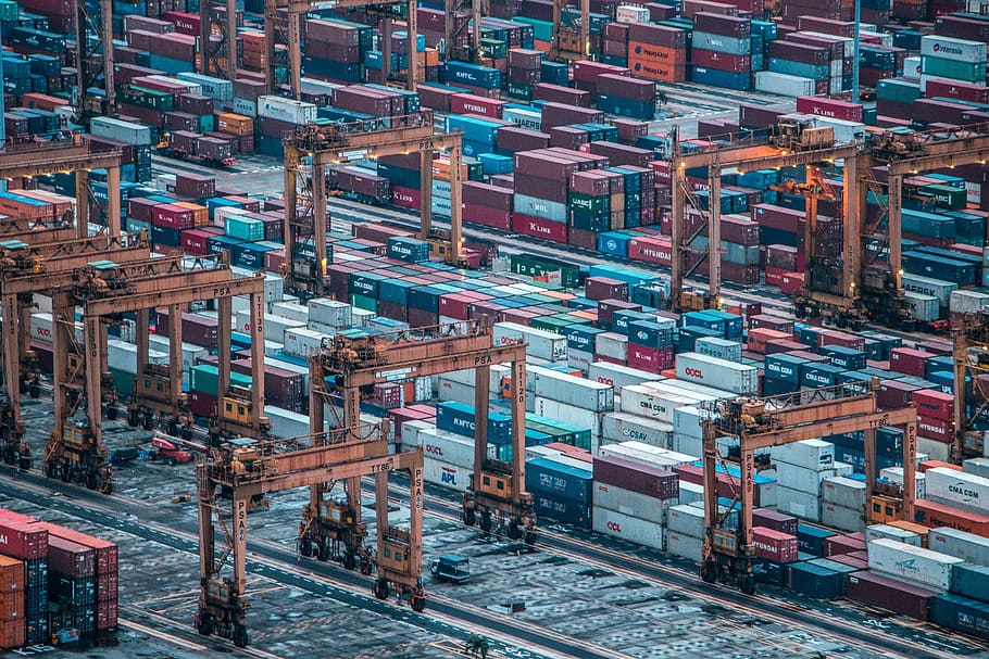 aerial photo of shipping container lot, landscape photo of intermodal container lot HD wallpaper