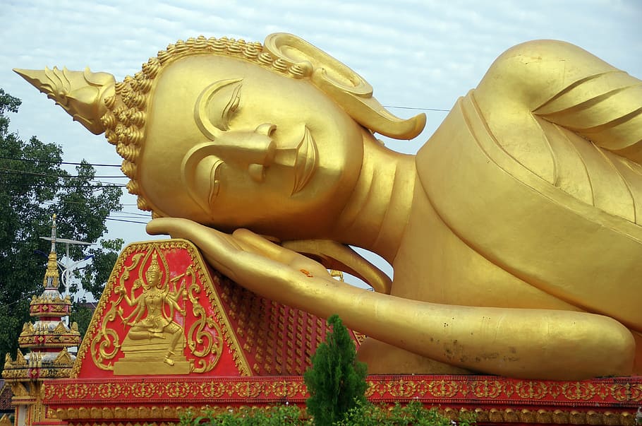 lying buddha statue, laos, vientiane, temple, religion, royal palace, HD wallpaper