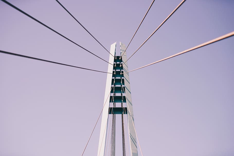 white bridge support tower, low angle photo of bridge under clear sky HD wallpaper