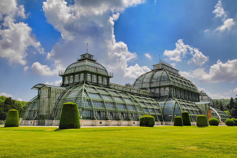 sky, clouds, architecture, austria, greenhouse, palmenhaus schonbrunn HD wallpaper