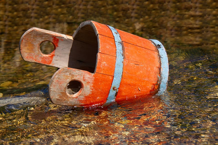 orange wooden bucket on body of water, colorful, river, nature