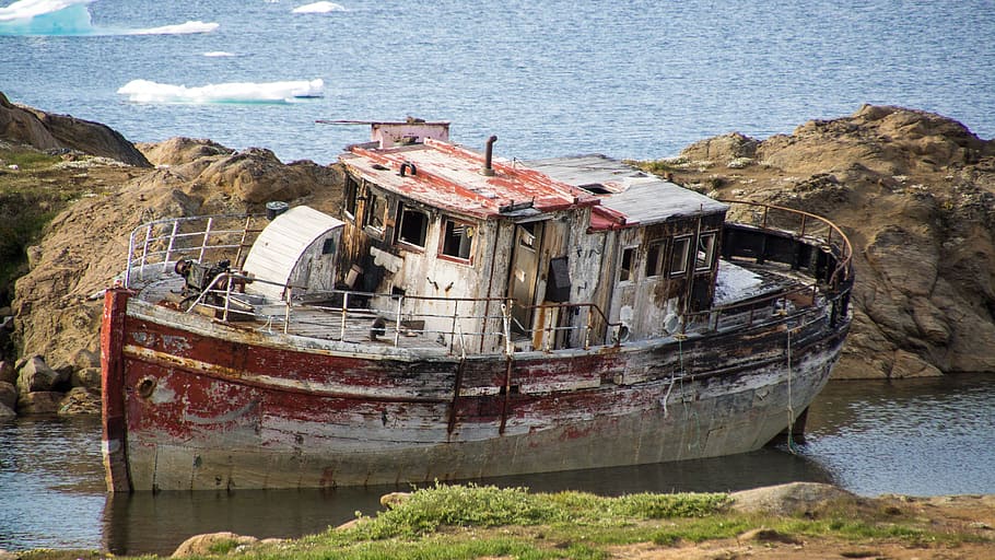 wrecked ship on shore near rock cliff, boat, old, greenland, aged