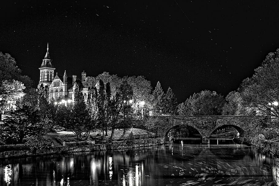 church, river, bridge, night, water, reflection, building, riverbank HD wallpaper