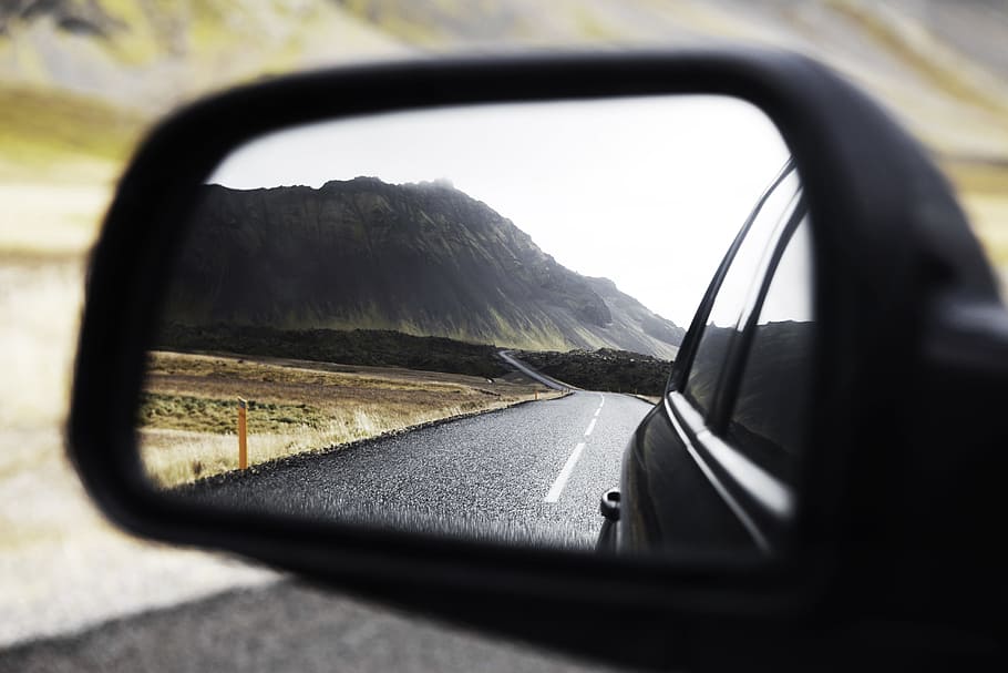 black wing mirror showing road, close-up photo of black vehicle side mirror reflecting road HD wallpaper