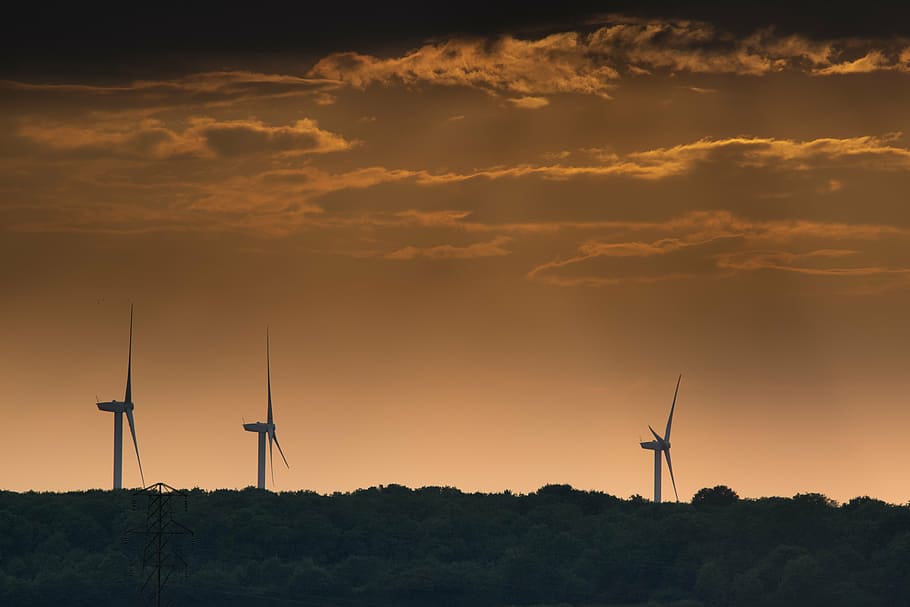 several windmills during sunset, turbine, electricity, wind turbines, HD wallpaper