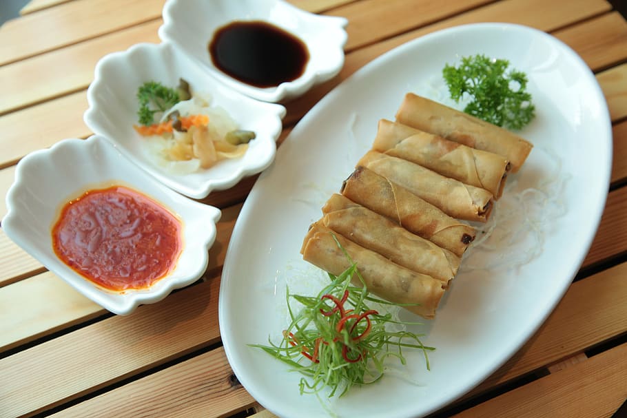 shanghai rolls on platter, spring rolls, chinese cuisine, chinese food, HD wallpaper