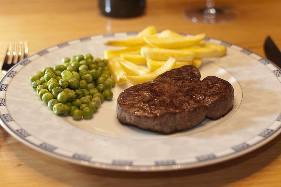 steak, menu, main course, meal, meat, plate, beef, food and drink HD wallpaper