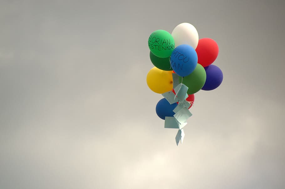 balloons, sky, fly, multi colored, no people, flying, mid-air HD wallpaper