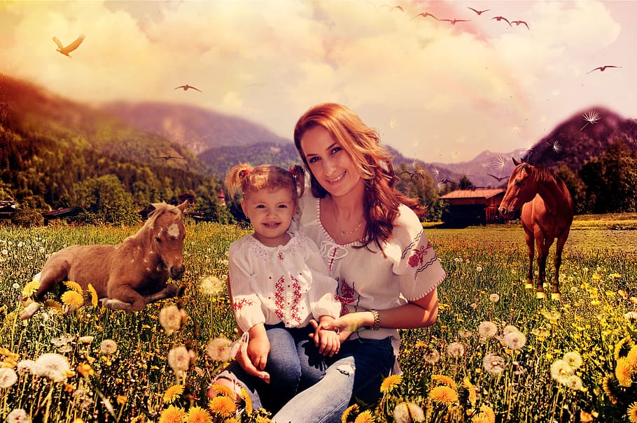 child, rustic, mountain, horses, togetherness, real people HD wallpaper