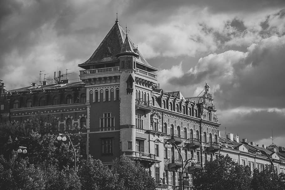 architecture, black-and-white, building, clouds, building exterior HD wallpaper