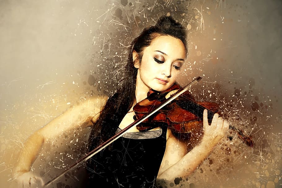 woman wearing black spaghetti-strap top playing brown violin, HD wallpaper