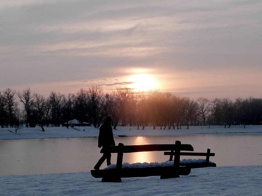 winter, lake, sunset, landscape, cold, season, outdoors, scene HD wallpaper