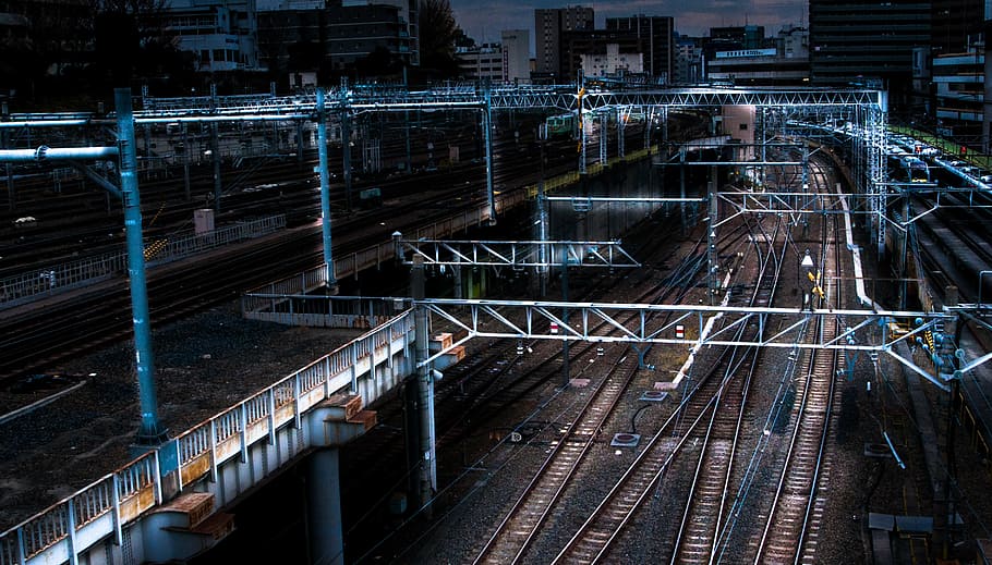 buildings, city, lights, railings, railway, railway line, road, HD wallpaper