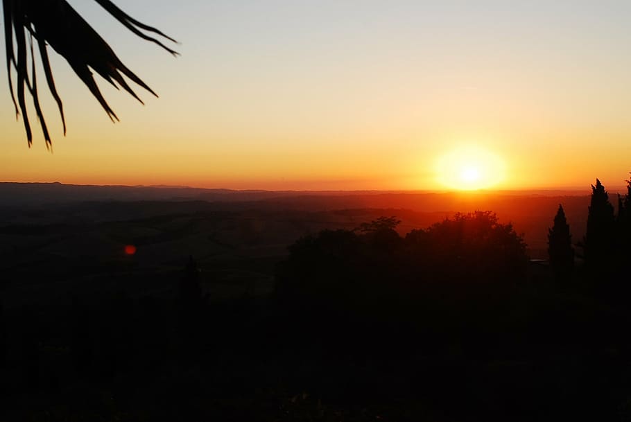 sunset, landscape, scenery, evening, sky, orange color, silhouette HD wallpaper