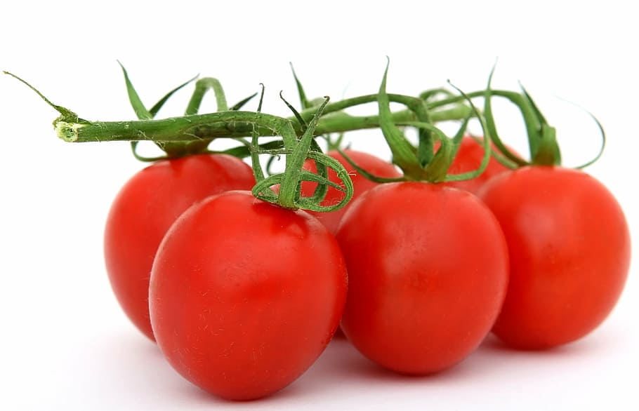 closeup photo of six red tomatoes, appetite, calories, catering