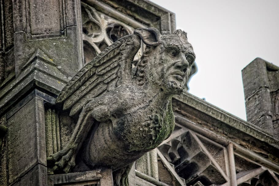 gray concrete statue, gargoyle, cathedral, manchester, gothic, HD wallpaper
