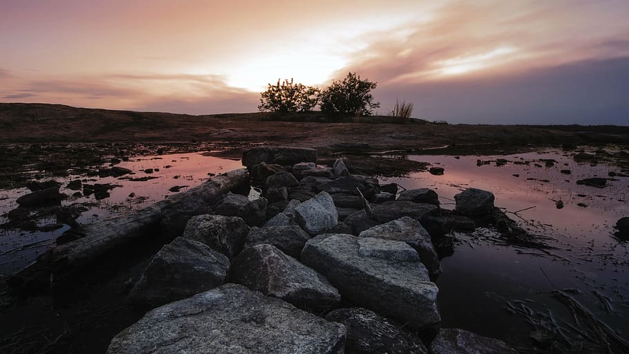 gray rocks on body of water, sunset, monadnock, stone, granite HD wallpaper