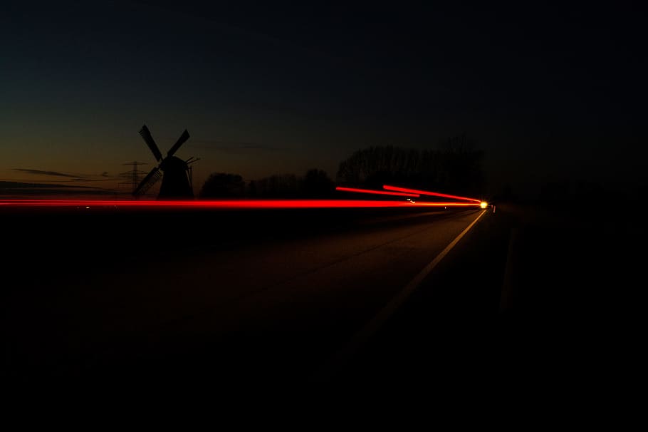 Windmill, Traffic, Car, Lights, car lights, night, dark, long exposure HD wallpaper