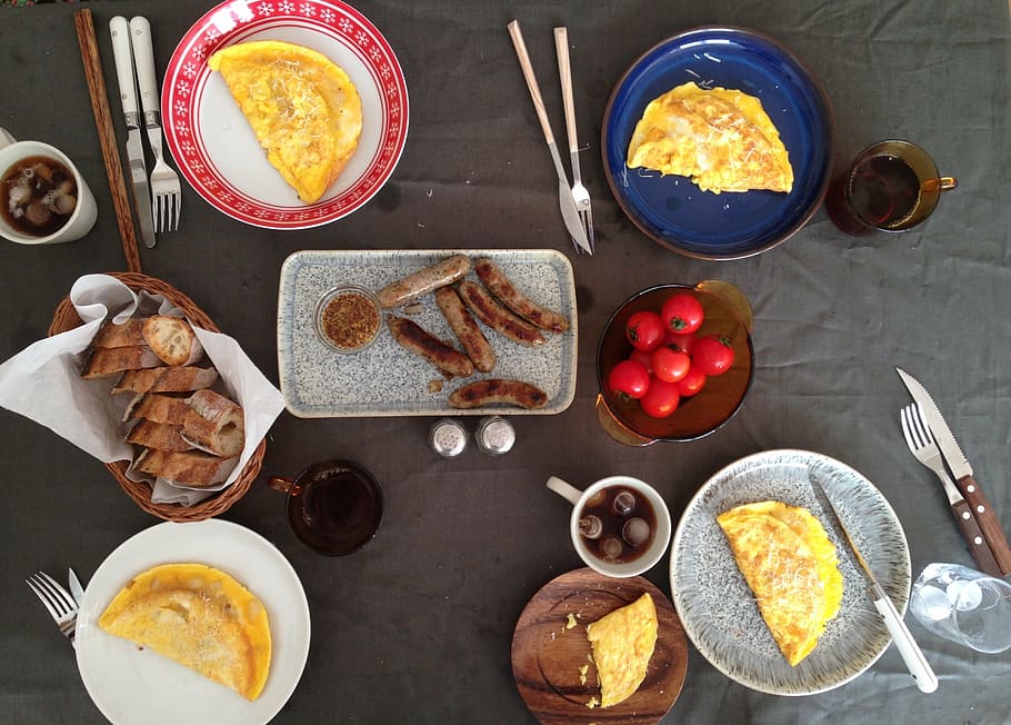 flat photo of foods, brunch, omurice, table, setting, cooking HD wallpaper