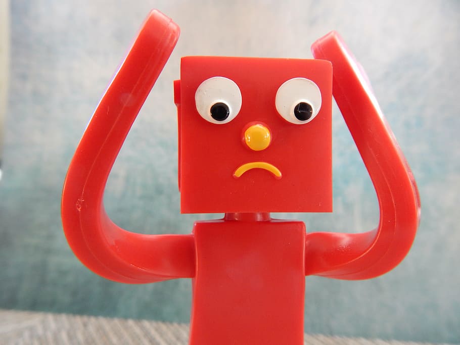 red plastic robot figure, upset, sad, confused, figurine, unhappy, HD wallpaper