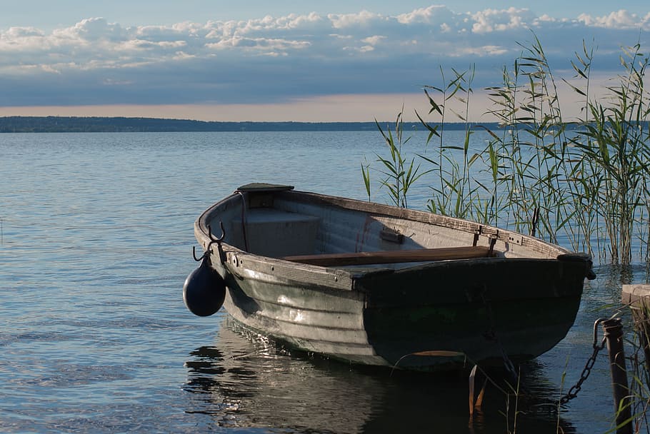 brown boat near the dock, lake, lake balaton, water, nature, landscape, HD wallpaper