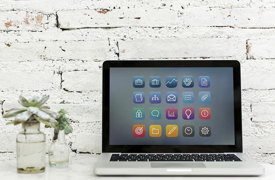MacBook Pro beside glass vase, icon, device, digital, computer HD wallpaper