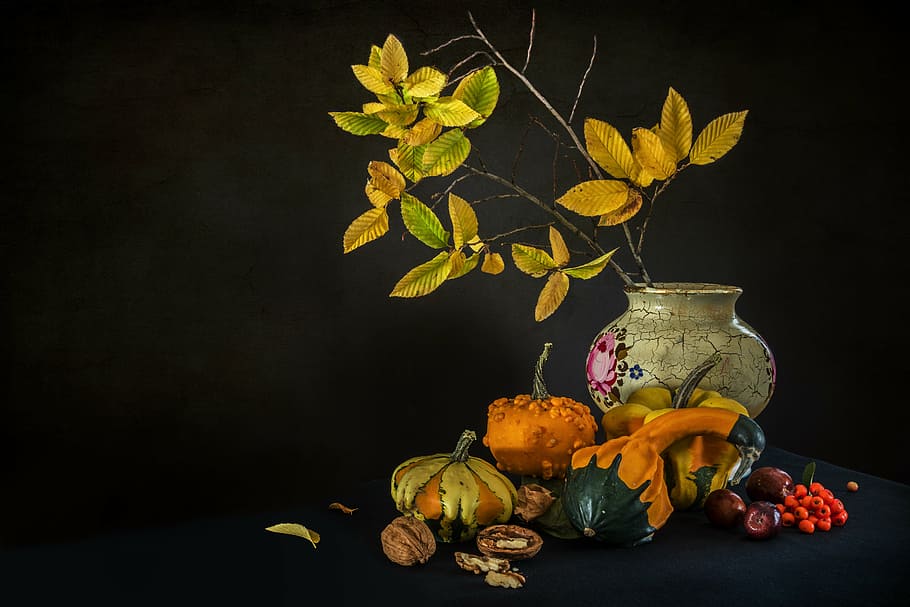 white ceramic vase beside pumpkins, bodegones, still life, fruit, HD wallpaper