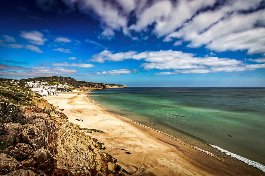 beach, sun, nature, seashore, sky, sand, ocean, tranquil, coastline HD wallpaper