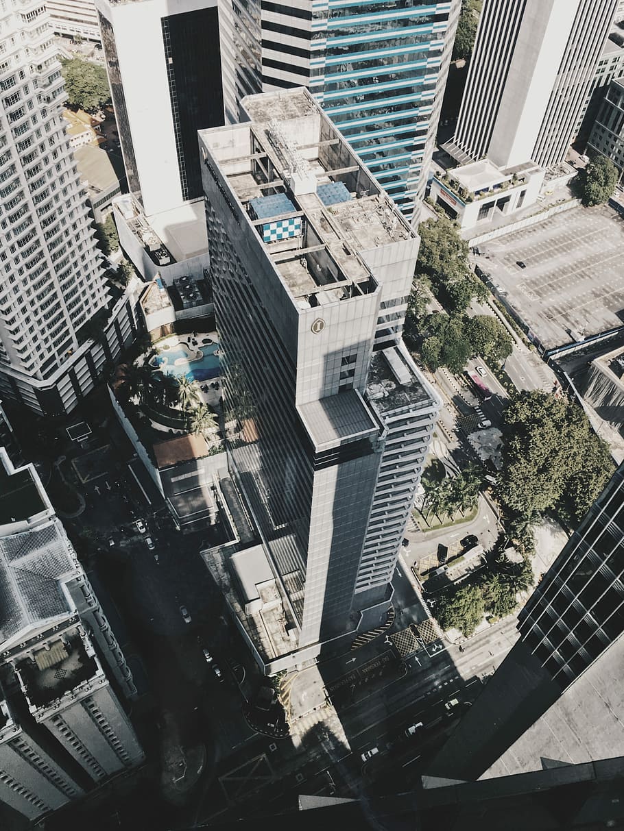 aerial photography of gray building, birdseye photo of city, tower HD wallpaper