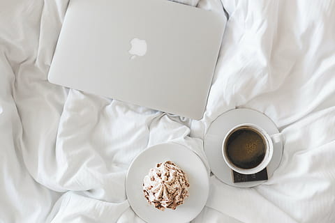 white ceramic mug and saucer, coffee, cup, apple, laptop, working HD wallpaper