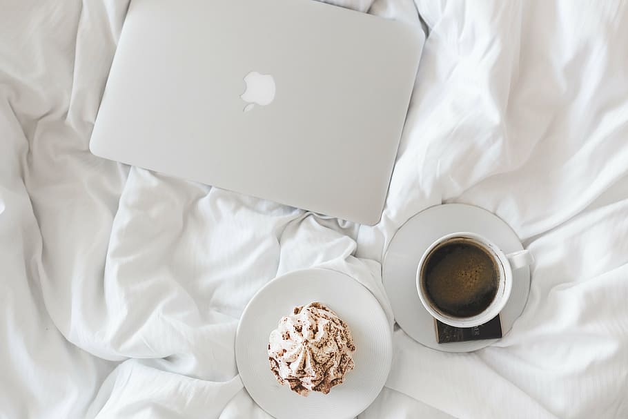 white ceramic mug and saucer, coffee, cup, apple, laptop, working HD wallpaper