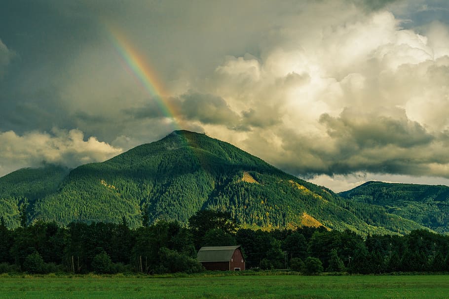 landscape photo of mountain behind shed, green, rainbow, photography HD wallpaper