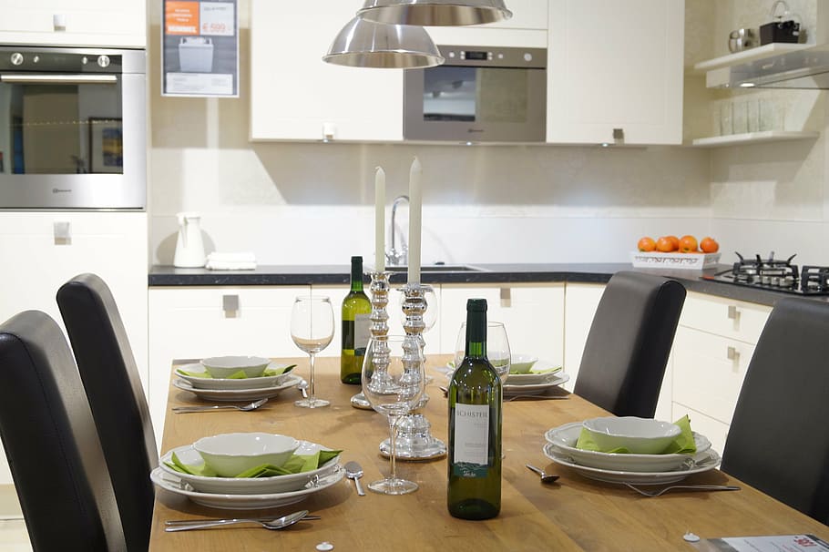 dinner, table, wine, set table, kitchen, home, domestic kitchen HD wallpaper