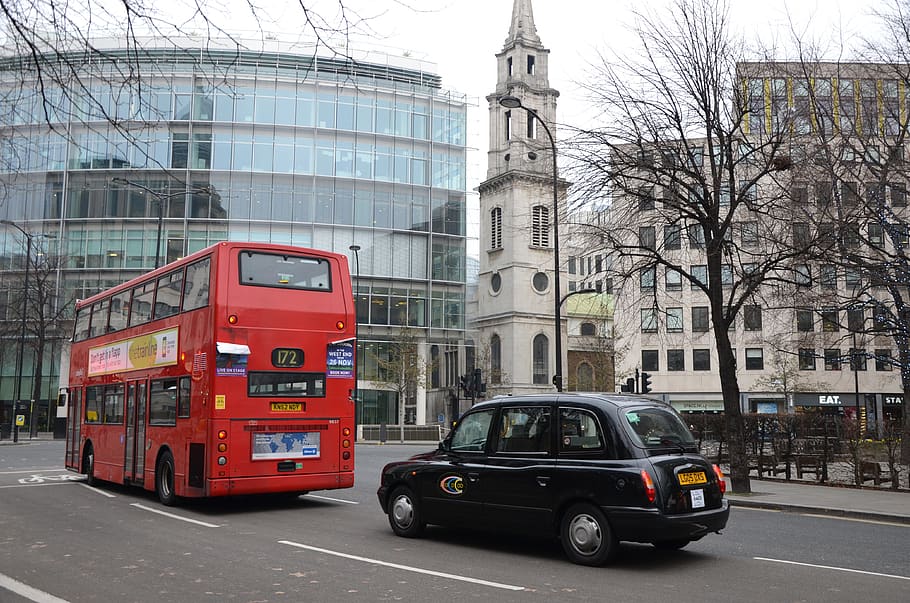 bus, taxi, london, red, black, street, england, snapshot, architecture, HD wallpaper