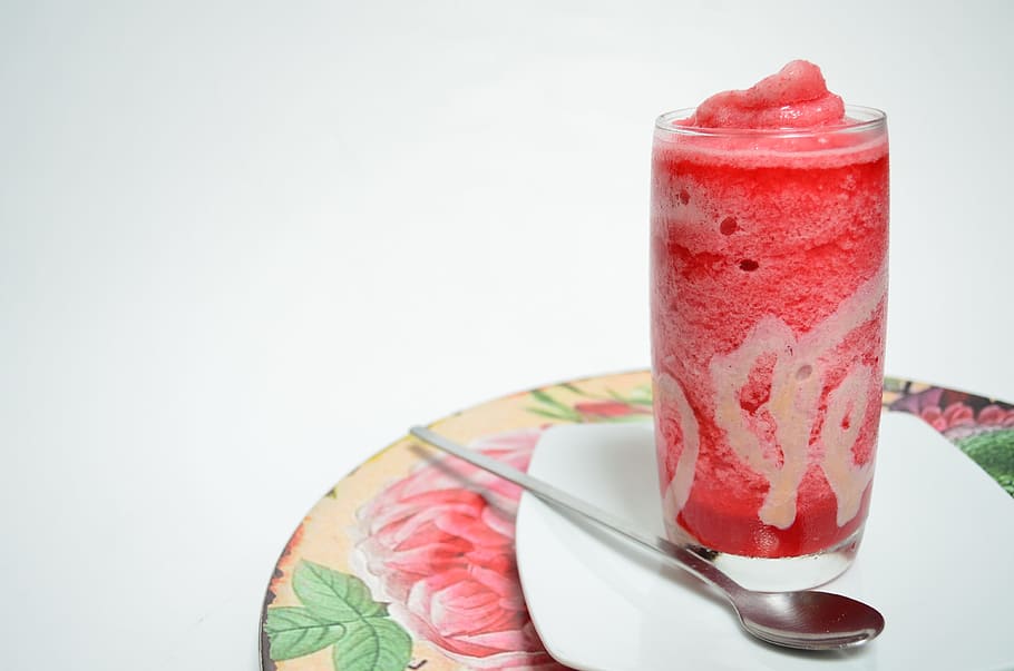 clear glass cup on white ceramic plate, spoon, dish, red, dessert HD wallpaper