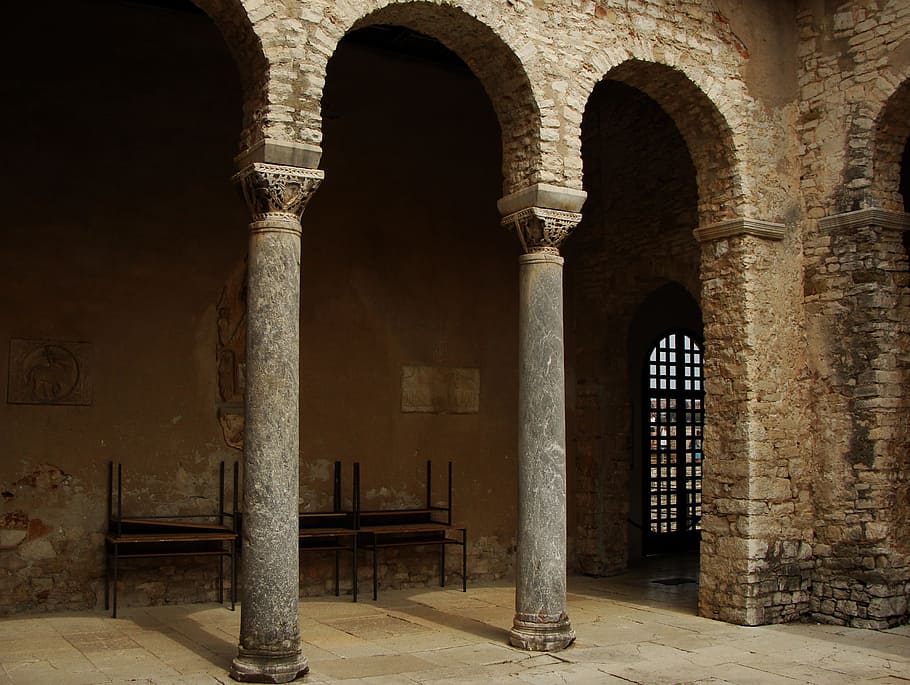 several black tables on brown floor, column, arch, old, stone HD wallpaper