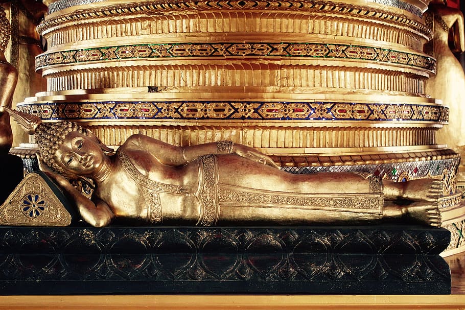 buddha lying on bed statue, bangkok, gold, meditation, buddhism