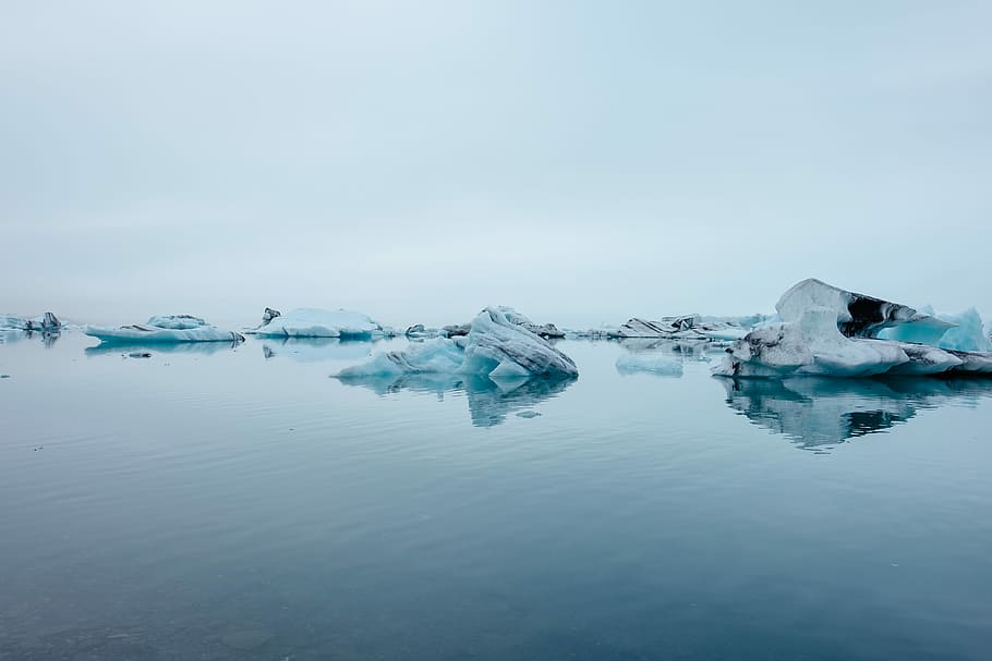Floating icebergs at Jökulsárlón, Iceland, black stone covered by snow on body of water HD wallpaper
