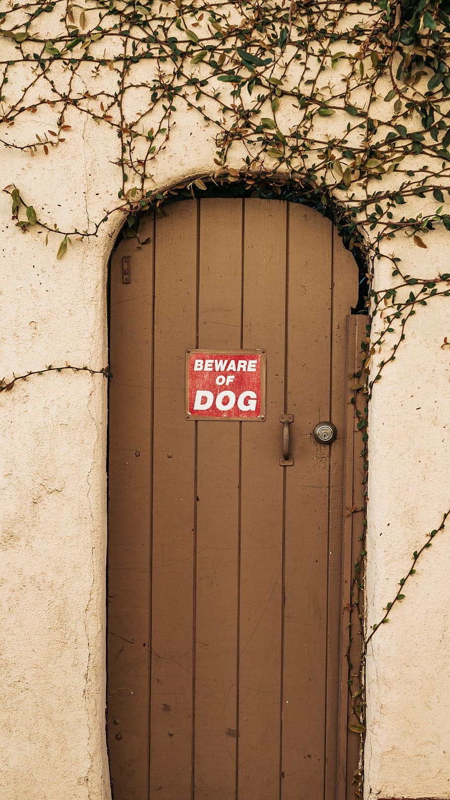 brown wooden door, brown wooden door with bewae of dog signage, HD wallpaper