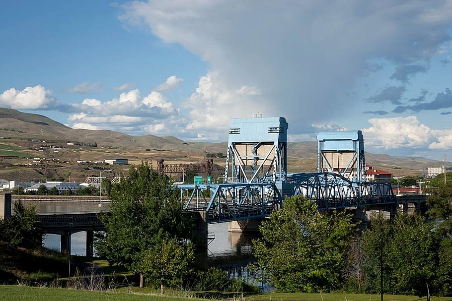 bridge, idaho, sky, clouds, architecture, mountains, trees HD wallpaper
