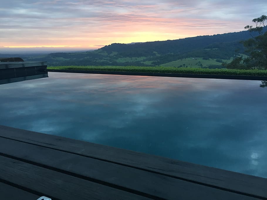 Sunset, Reflection, Swimming Pool, infinity pool, horizon, nature HD wallpaper