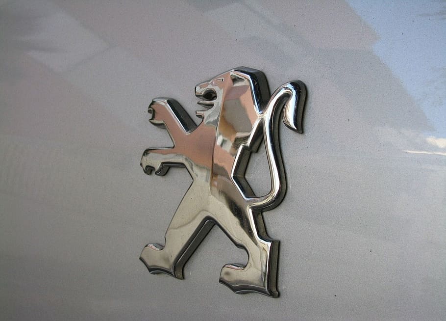 Logo, Peugeot, Lion, Metallic, Shiny, chrome, shining, gray background, HD wallpaper